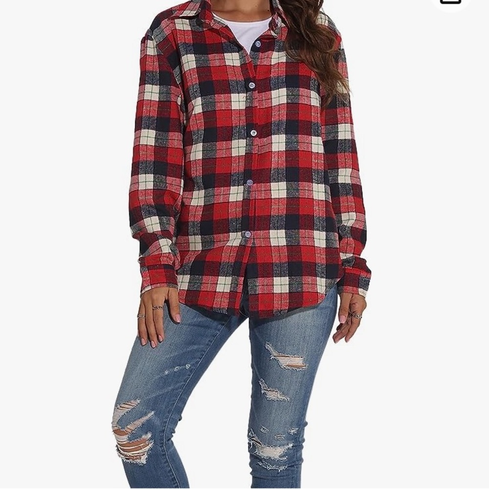 Long Sleeve Boyfriend Button Front Plaid Shirt Medium NWT Red White Blue - Picture 2 of 6